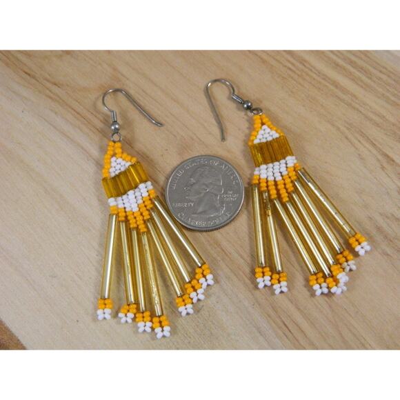 Vintage Beaded Hook Earrings, Orange and White Bead Hook Earrings - Picture 3 of 5